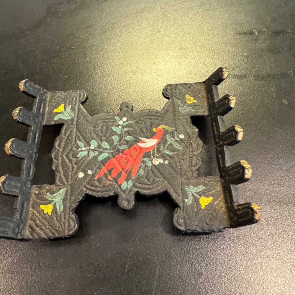 Vintage Cast Iron Trivet 3.75" Black Red Peacock Hand Painted Folk Art Hot Plate